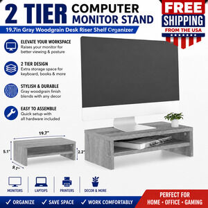 2 Tier Computer Monitor Stand 19.7in Gray Woodgrain Desk Riser Shelf Organizer